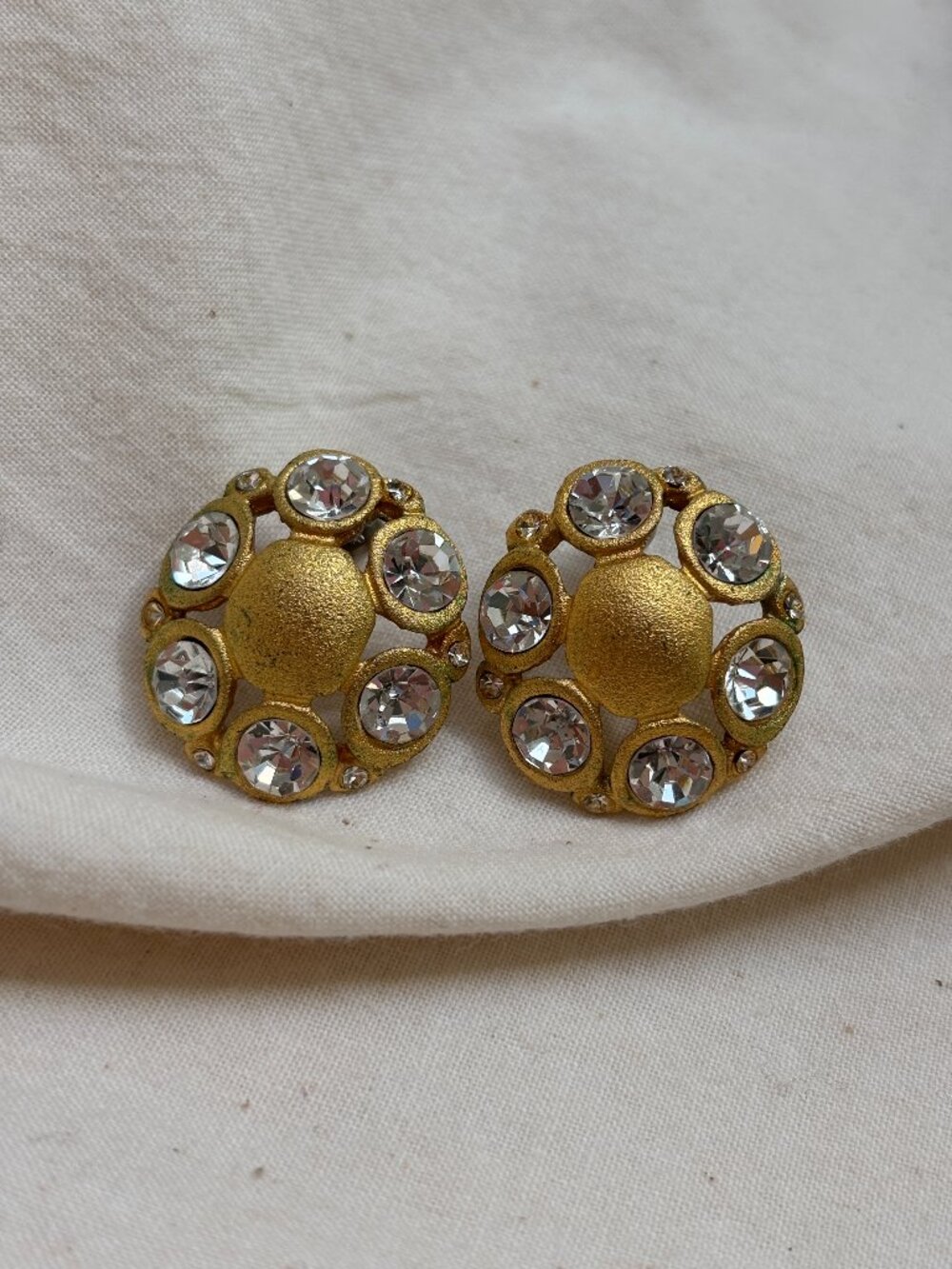 Matte Gold Toned and Crystal Gem Pierced Earrings